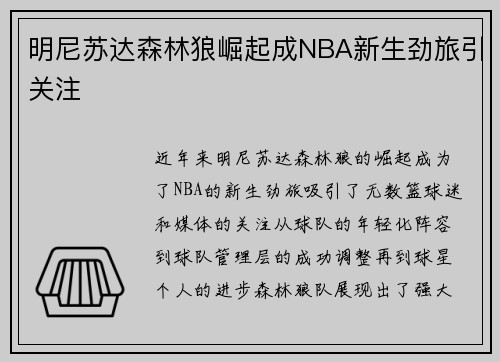 明尼苏达森林狼崛起成NBA新生劲旅引关注